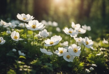 Beautiful white flowers of anemones in spring in a forest close-up in sunlight in nature