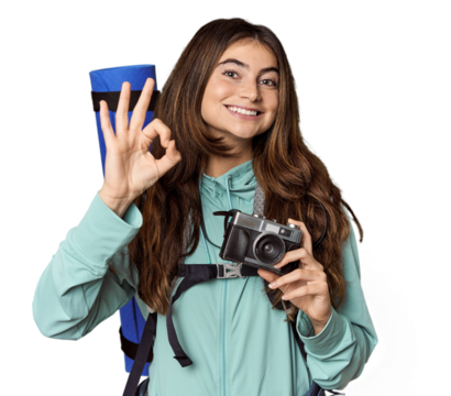 Caucasian woman with backpack and vintage camera cheerful and confident showing ok gesture.