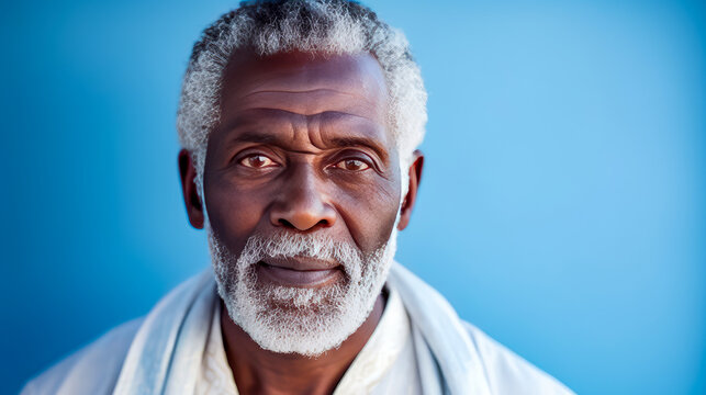 Handsome elegant, elderly African American man, on a light blue background, banner, close-up, copy space.
