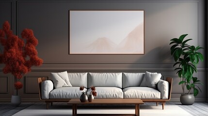 White sofa in a living room with a dark wall