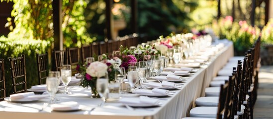 Fototapeta na wymiar White tablecloth and dark brown chairs adorn long wedding banquet table.