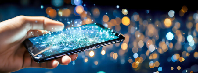 Hand holding smartphone with vibrant neural network connections emerge. Concept of intertwining of advanced technology with surrounding world, digital connectivity and integration. Banner, copy space