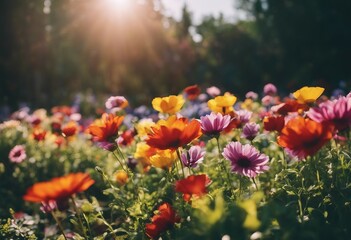 Fototapeta na wymiar Colorful beautiful multicolored flowers spring summer in Sunny garden in sunlight on nature
