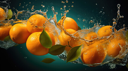 Smooth Fresh ripe organic Orange Tropical Fruits slices and falling into water and splashes created with Generative AI Technology © AstraNova