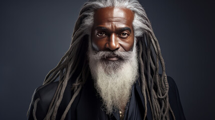 Handsome elderly black African American man with long dreadlocked hair, on a silver background,...