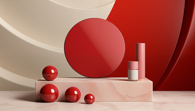 demonstration of cosmetics on the catwalk in red colors. Geometric minimal stage, podium design for showcasing cosmetics or products