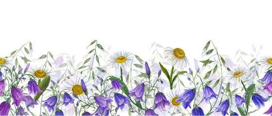 Floral seamless horizontal border with campanula, daisy, wild oats. Chamomile, wildflower. Panoramic illustration with summer meadow flowers. Watercolor ornate for fabric, textile, wrapping.