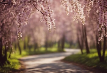 Defocused spring landscape Beautiful nature with flowering willow branches and forest road