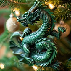 Green wooden dragon. Christmas. Symbol of the year. Zodiac sign. Close view.
