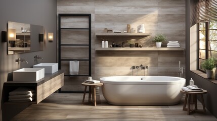 Fototapeta na wymiar Bathroom interior with natural stone tiles and wooden shelves