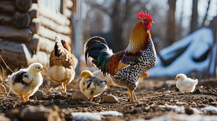 A mottled rooster and a hen with yellow newborn chicks in the farm yard. Winter. Close-up view. Copy space. - Powered by Adobe