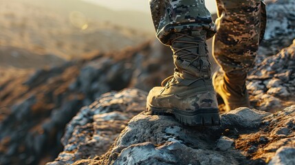 A soldier in camouflage and military boots climbs a mountain. Space for text. Shallow depth of field.