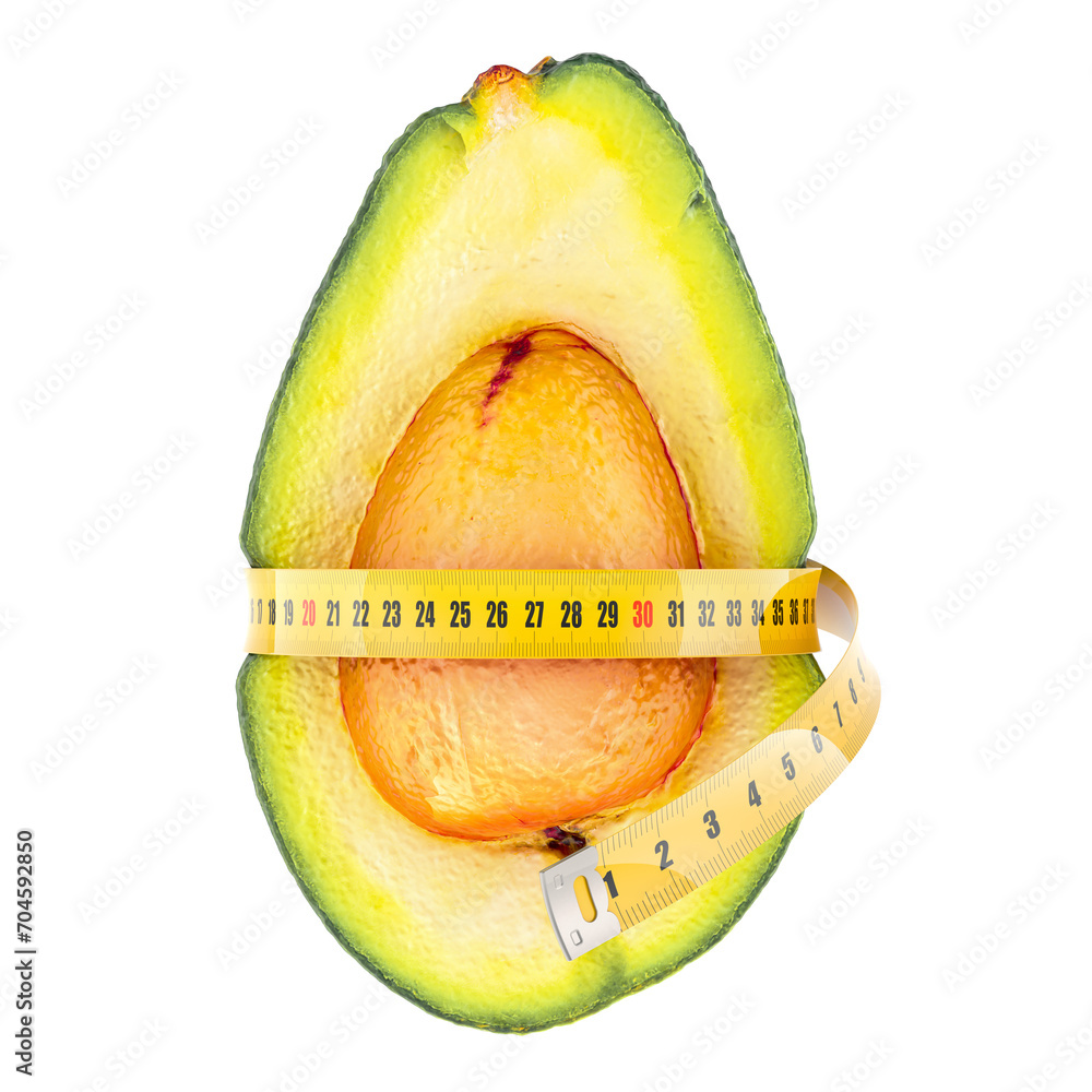Poster avocado with measure tape around. diet and weight loss concept. 3d rendering isolated on transparent