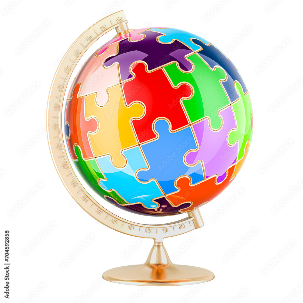 Poster world globe from colored puzzles, 3d rendering isolated on transparent background