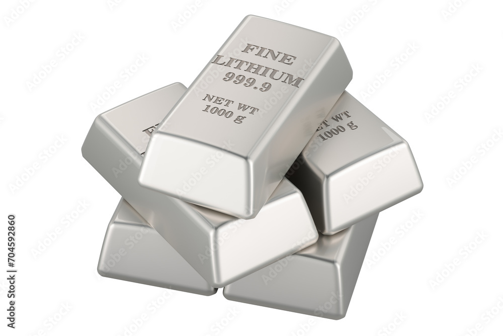 Poster lithium ingots, lithium bars. 3d rendering isolated on transparent background