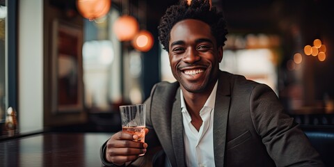 A stylish and attractive man in a suit enjoying a drink at a cafe, exuding happiness and cheerfulness.