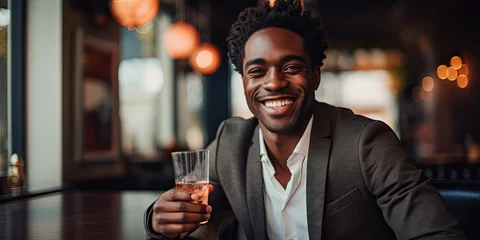 Foto op Plexiglas A stylish and attractive man in a suit enjoying a drink at a cafe, exuding happiness and cheerfulness. © Andrii Zastrozhnov