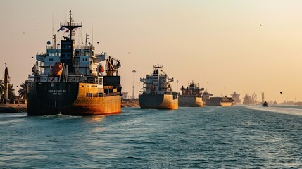 Container ships at the Suez Canal. A group of large cargo ships. Space for text.