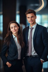 Attractive professional couple, colleagues in corporate attire, embodying teamwork and success in a modern office.