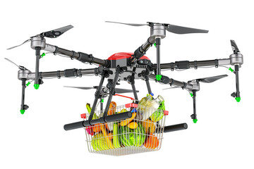 Delivery drone with shopping basket full of grocery products, fruits and vegetables. 3D rendering isolated on transparent background