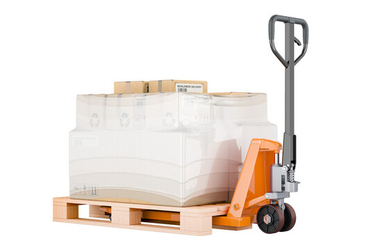 Pallet jack with parcels wrapped in the stretch film, 3D rendering isolated on transparent background