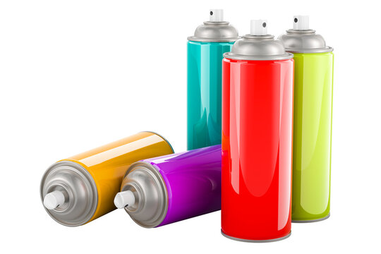 Set of colored spray paint cans, 3D rendering isolated on transparent background