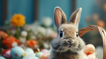 Obraz premium Cute easter bunny rabbit in shopping basket with painted eggs on a blue background.