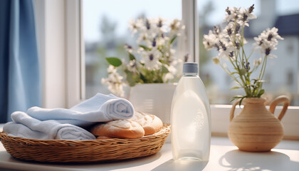 Basket with body care products on a table with towels and window background.