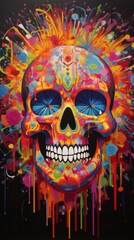 Colorful Paint Splatters Surrounding a Skull