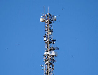 Telephone repeaters with birds around the metal structure