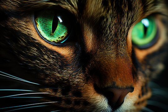A cat with green eyes looks seriously to the side, a close-up shot of the cat. Generated by artificial intelligence