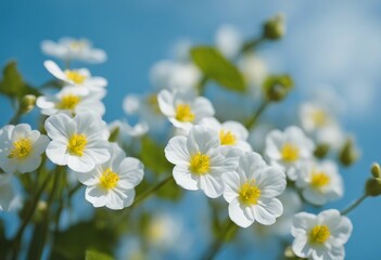 Naklejka na ściany i meble Spring forest white flowers primroses on a beautiful blue background macro Blurred gentle sky-blue