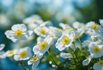 Spring forest white flowers primroses on a beautiful blue background macro Blurred gentle sky-blue - obrazy, fototapety, plakaty
