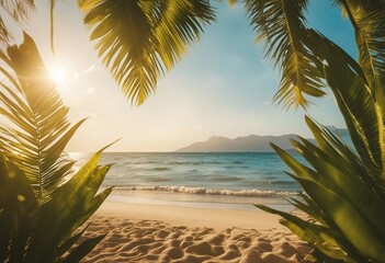 Summer background with frame nature of tropical golden beach with rays of sun light and leaf palm