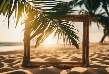 Summer background with frame nature of tropical golden beach with rays of sun light and leaf palm