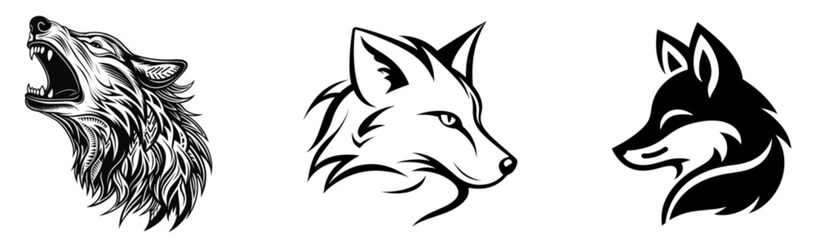 Set of tribal wolf head, tattoo and logo design, wild animal, vector illustration.