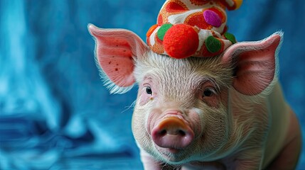 Close-up of funny pig in clown hat on blue background. April Fools' Day celebration. Copy space.