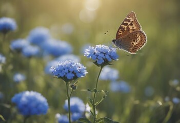 Wild light blue flowers in field and two fluttering butterfly on nature outdoors close-up macro