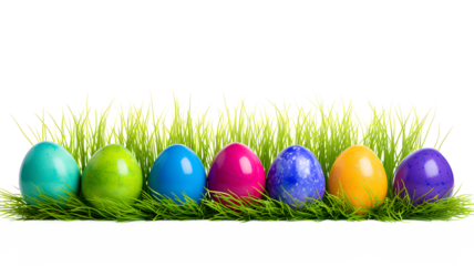 Collection of colorful painted Easter eggs on green grass and transparent background.