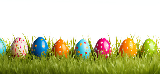 Fototapeta na wymiar Collection of colorful painted Easter eggs on green grass and transparent background.