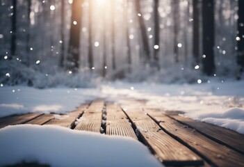 Winter christmas scenic landscape with copy space Wooden flooring strewn with snow in forest - obrazy, fototapety, plakaty