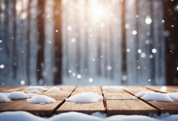 Winter christmas scenic landscape with copy space Wooden flooring strewn with snow in forest