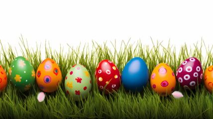 Collection of colorful painted Easter eggs on green grass and transparent background.
