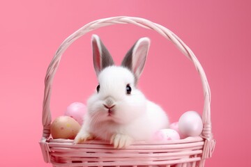Cute easter bunny rabbit in shopping basket with painted eggs on a pink background.