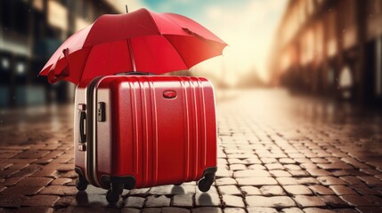 red umbrella guarding an airplane and suitcases on a blue background. Ideal for promoting the reliability and coverage of travel insurance against unforeseen events