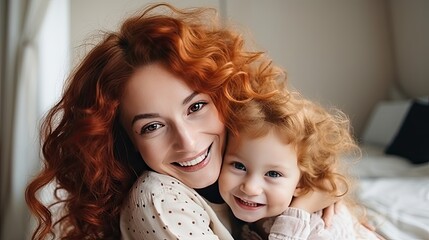 Red-haired woman smiles and fools around with her daughter 2 years old. This is a photo with space for text.