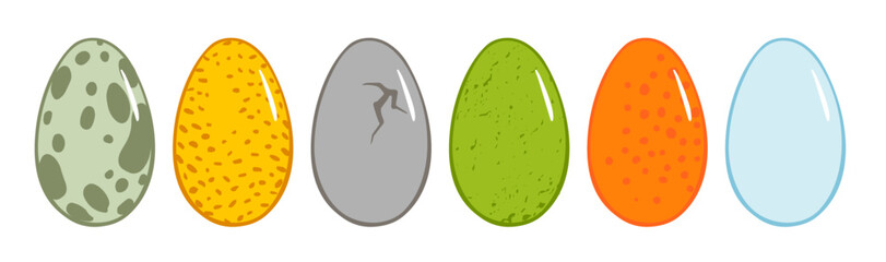 Cartoon color dinosaur whole eggs icons set. Vector flat illustration different outline eggs illustration for book, poster, easter greeting card, agriculture infographic, farm products packages design