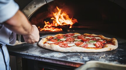 The cook takes the finished pizza out of oven. Close-up view. Space for text.