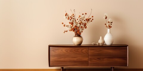 Home decor template with elegant wooden sideboard, dried flower vase, decorative casket, nuts in a bowl, brown wall, and personal touches.