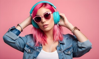 Trendy girl with pink hair wearing sunglasses enjoys the music on headphones on Pink background. Youth style, leisure.